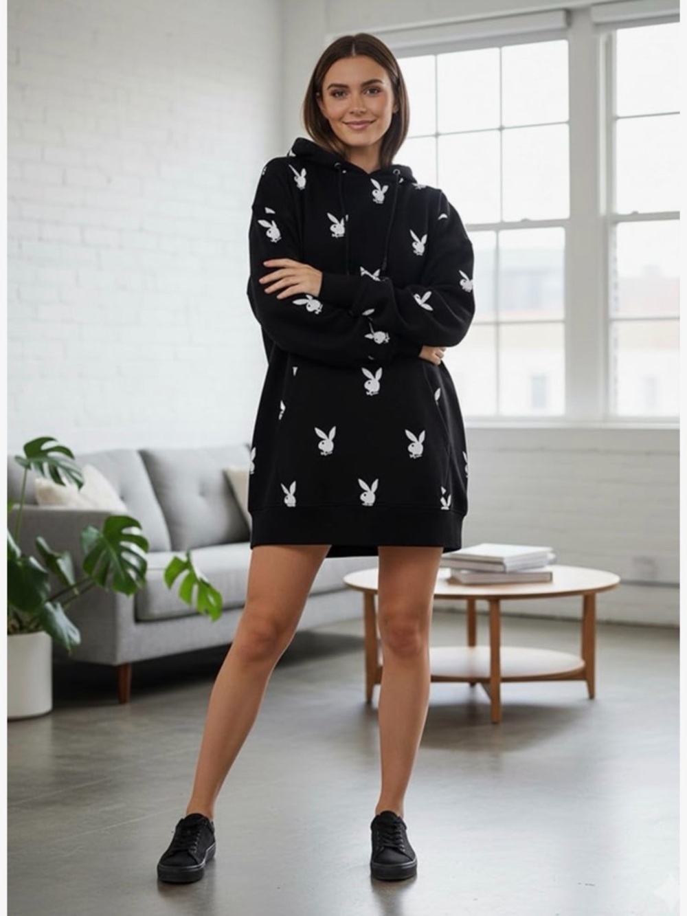 PLAYBOY x MISSGUIDED Black Hoodie Dress with White Bunny Print SIZE 8